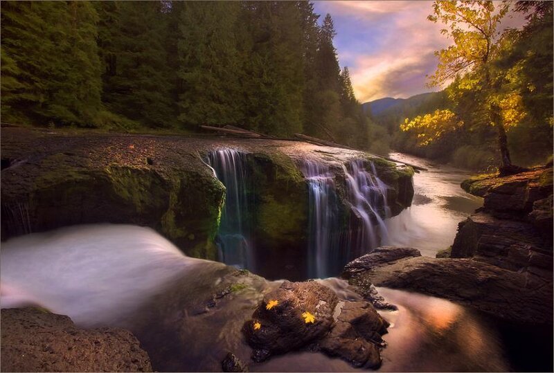 Waterfall in Forest — Green, Serene, Sunset