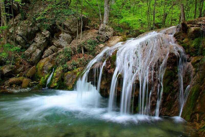 Waterfall in Forest — Green, Spring