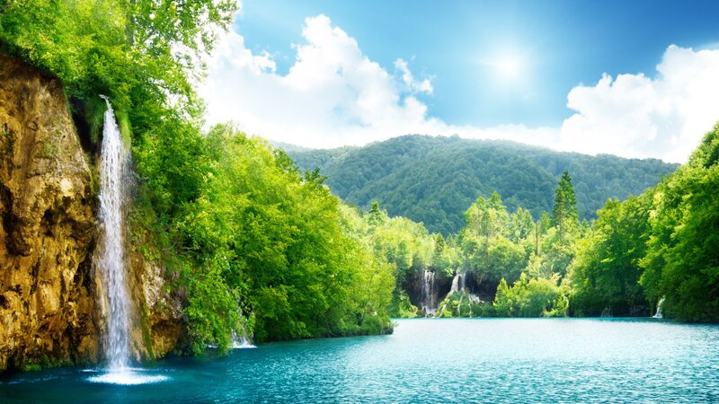 Waterfall in Forest Lake — Blue, Serene, Afternoon, Photograph, Mountain, Green
