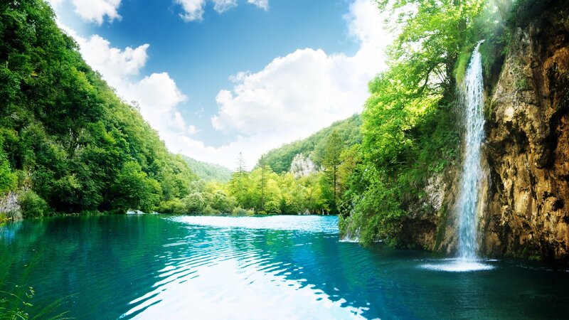 Waterfall in Forest Lake — Blue, Serene, Afternoon, Photograph, Trees, Cliff, Green