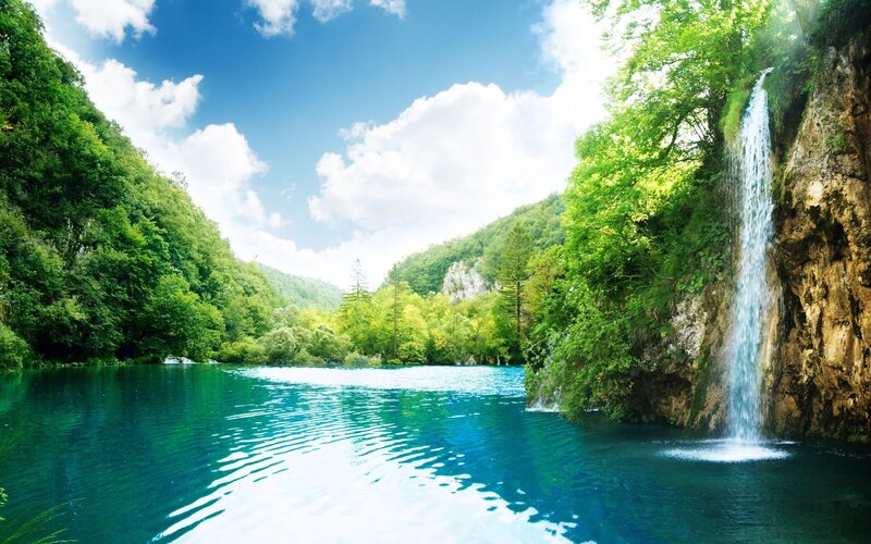 Waterfall in Forest Lake — Blue, Serene, Afternoon, Photograph, Trees, Cliff