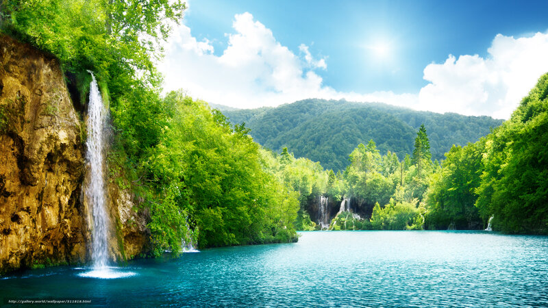 Waterfall in Forest Lake — Blue, Serene, Afternoon, Photograph, Trees, Mountain, Sky