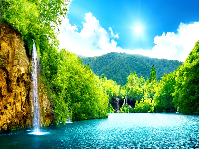 Waterfall in Forest Lake — Blue, Serene, Afternoon