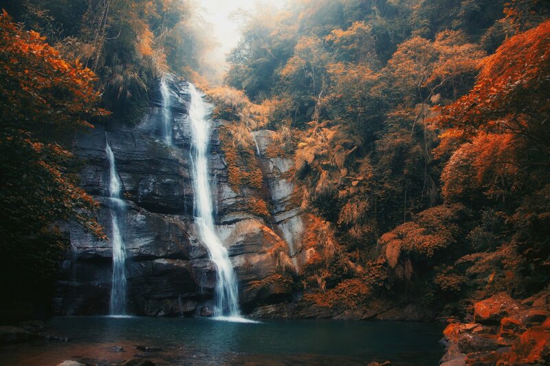 Waterfall in Forest — Orange, Serene, Autumn