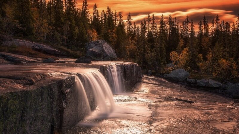 Waterfall in Forest — Orange, Serene, Sunset, Photograph