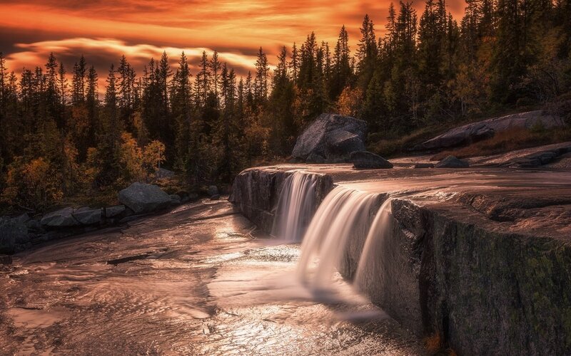 Waterfall in Forest — Orange, Serene, Sunset