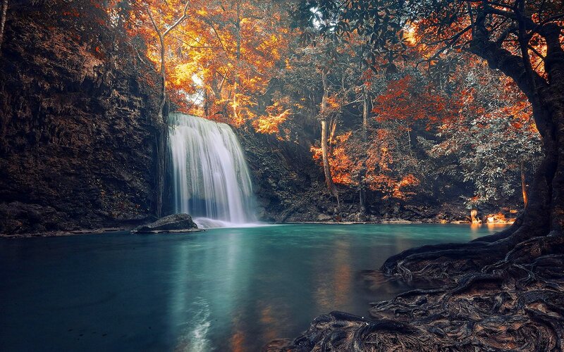 Waterfall in Forest — Orange, Serene