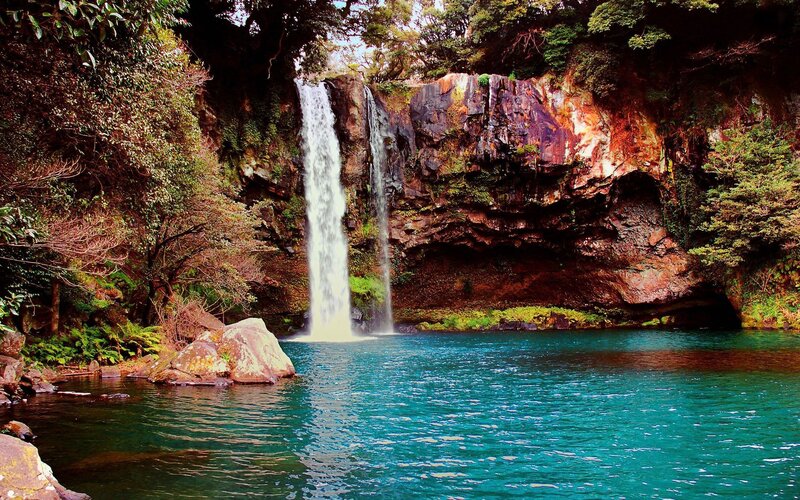 Waterfall in Forest Pool — Blue, Serene, Afternoon