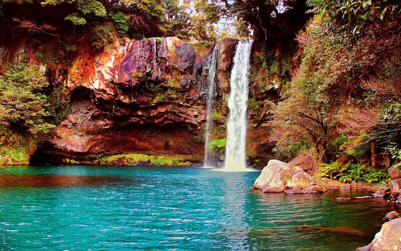 Waterfall in Forest Pool — Blue, Serene