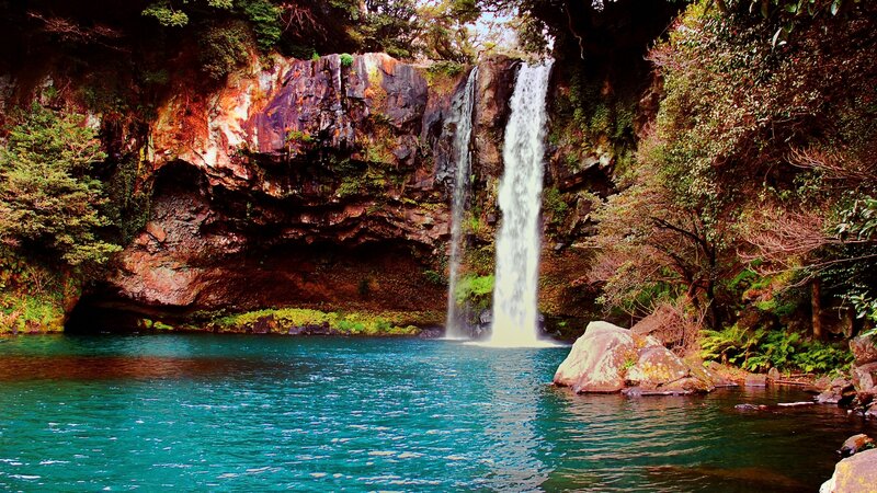 Waterfall in Forest Pool — Blue