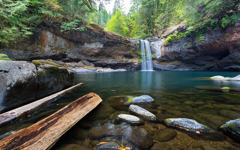 Waterfall in Forest Pool — Green