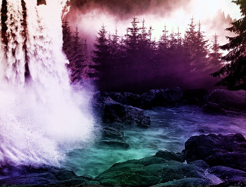 Waterfall in Forest — Purple, Dramatic, Morning
