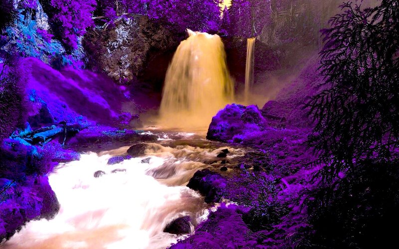 Waterfall in Forest — Purple, Dramatic, Photograph