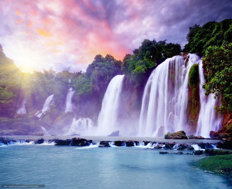 Waterfall in Forest — Purple, Dramatic, Sunset, Photograph, Sky