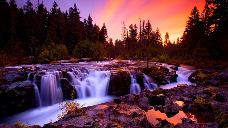 Waterfall in Forest — Purple, Dramatic, Sunset, Photograph