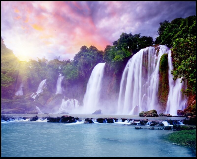 Waterfall in Forest — Purple, Dramatic, Sunset, Photograph, Trees