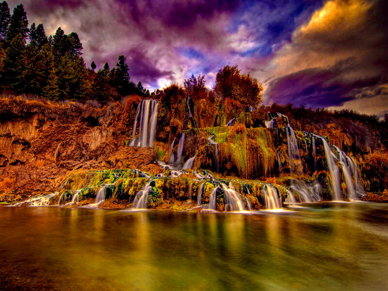 Waterfall in Forest — Purple, Dramatic, Sunset