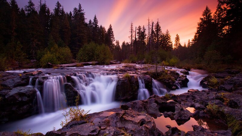 Waterfall in Forest — Purple, Serene, Sunset, Photograph, River