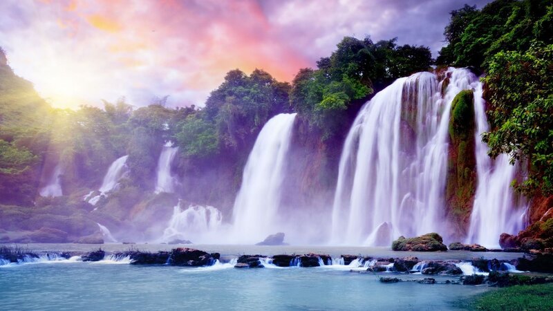 Waterfall in Forest — Purple, Serene, Sunset, Photograph