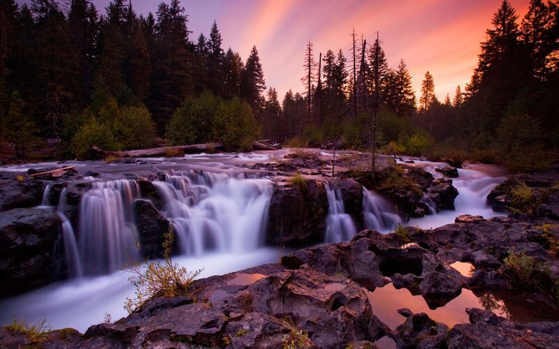 Waterfall in Forest — Purple, Serene, Sunset