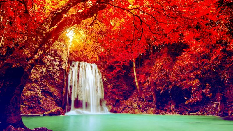 Waterfall in Forest — Red, Dramatic, Autumn, Photograph, Trees, Pool