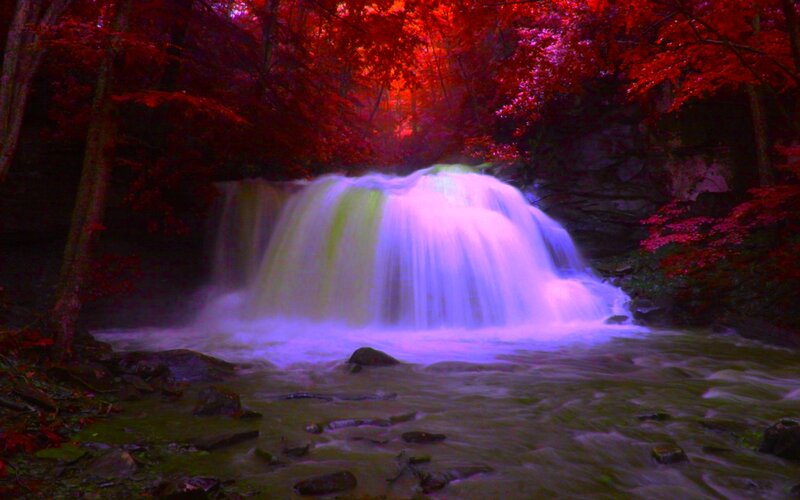 Waterfall in Forest — Red, Dramatic