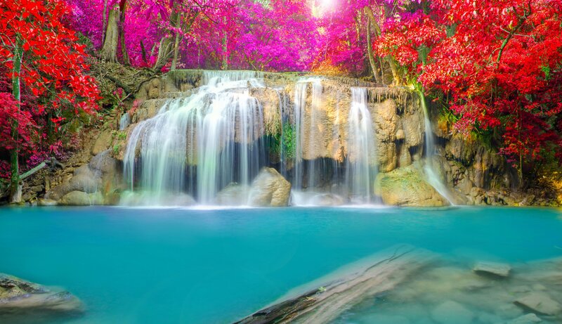 Waterfall in Forest — Red, Serene, Afternoon