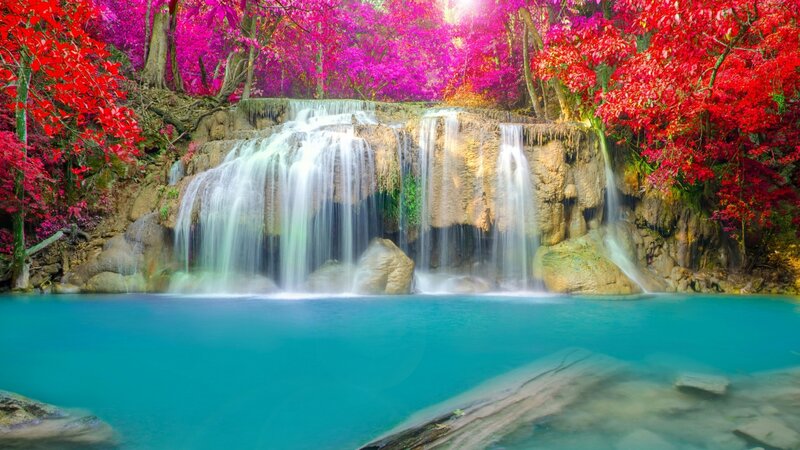Waterfall in Forest — Red, Serene, Autumn, Photograph, Trees, Pool