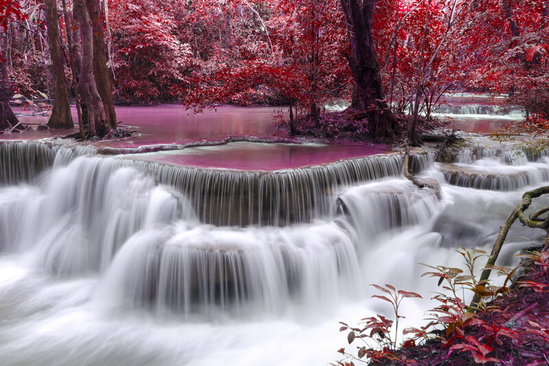 Waterfall in Forest — Red, Serene, Photograph