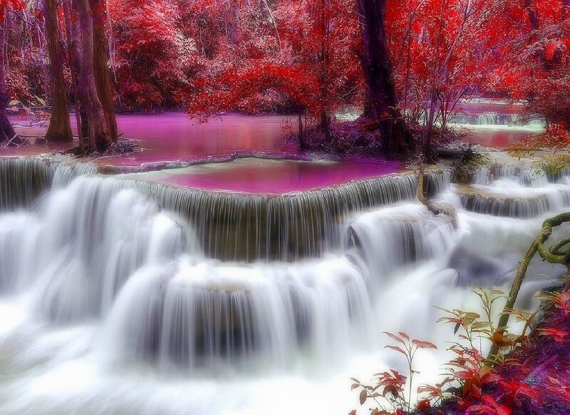 Waterfall in Forest — Red, Serene, Photograph, Trees, River