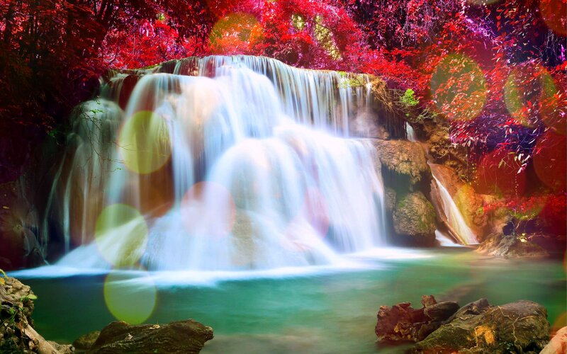 Waterfall in Forest — Red, Serene, Photograph, Trees, Rocks, Pool