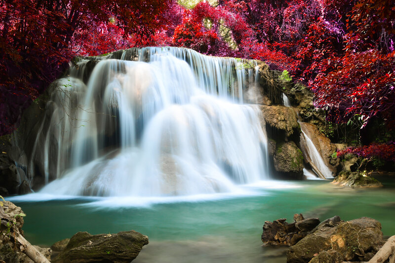Waterfall in Forest — Red, Serene, Photograph, Trees, Rocks