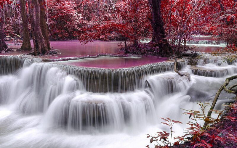 Waterfall in Forest — Red, Serene, Photograph, Trees