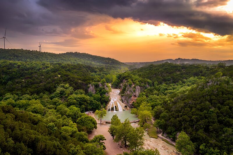 Waterfall in Forest Valley — Green, Dramatic, Sunset