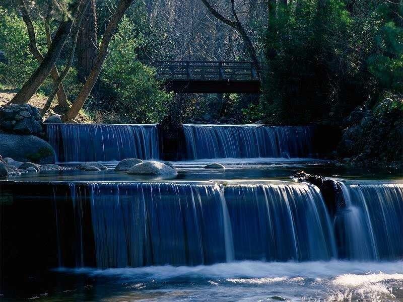 Waterfall in forest with bridge