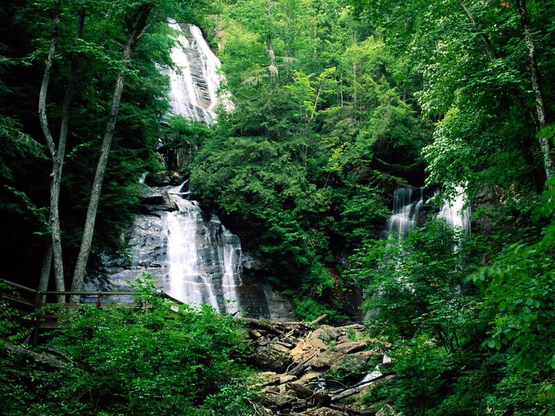 Waterfall in Forest — Wooden Walkway