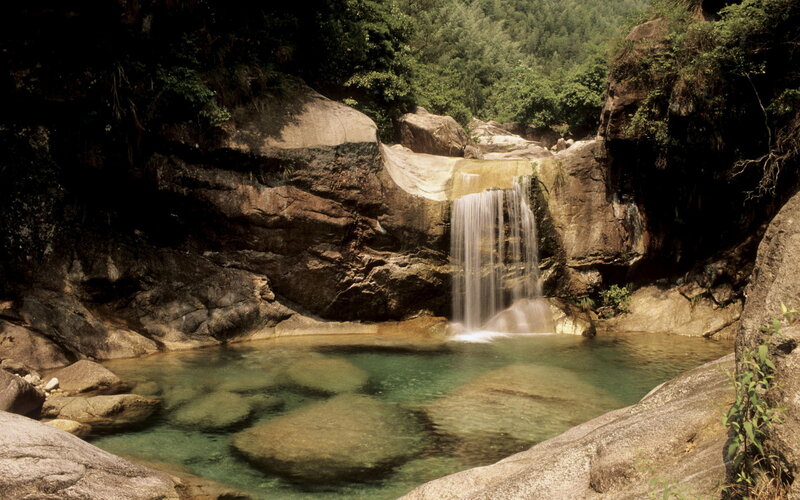 Waterfall in forested canyon
