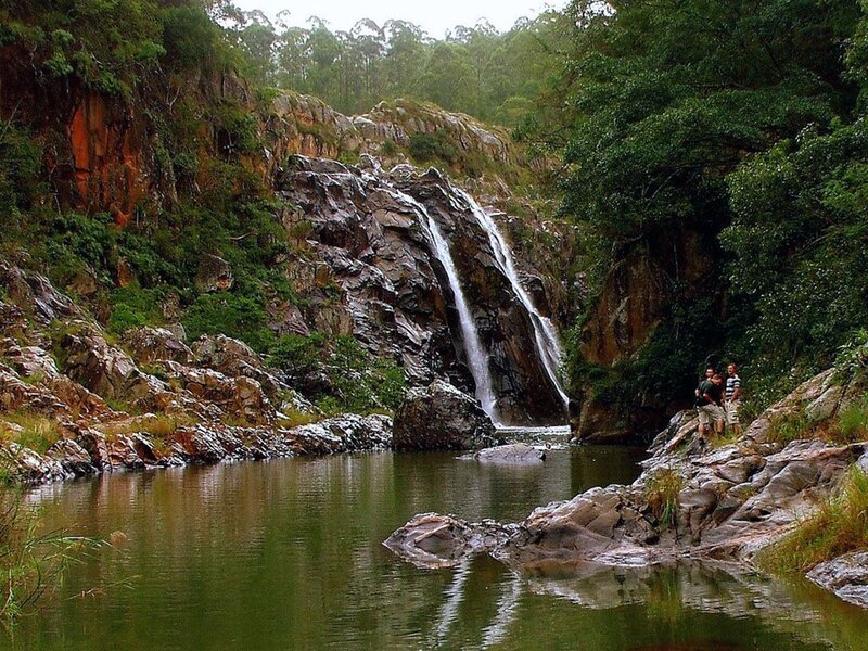 Waterfall in forested canyon