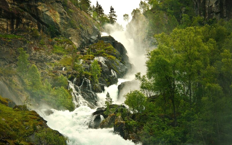 Waterfall in Forested Canyon — Green, Dramatic, Photograph
