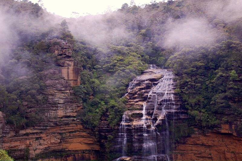 Waterfall in Forested Canyon — Green, Misty, Photograph