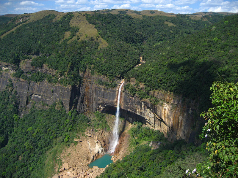 Waterfall in Forested Canyon — Green, Serene, Afternoon, Photograph, Cliff
