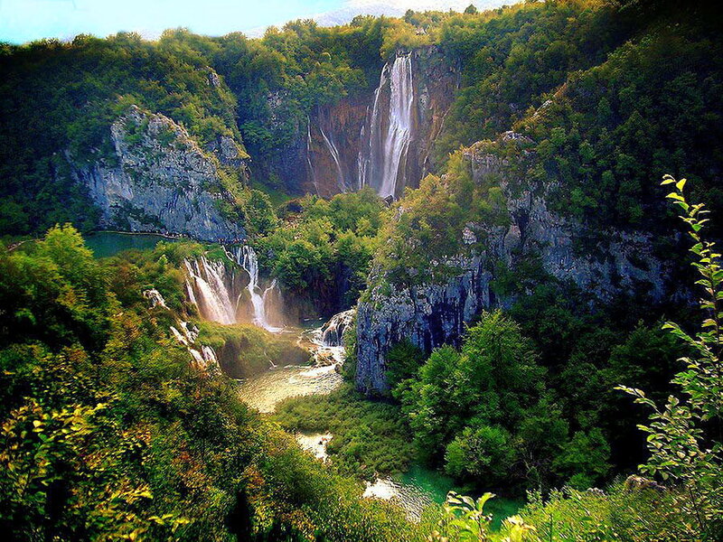 Waterfall in Forested Canyon — Green, Serene, Afternoon, Photograph, Trees, River