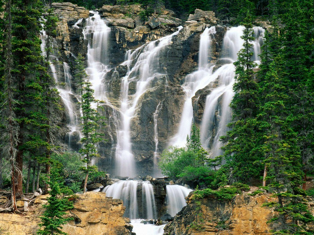 Waterfall in forested mountains