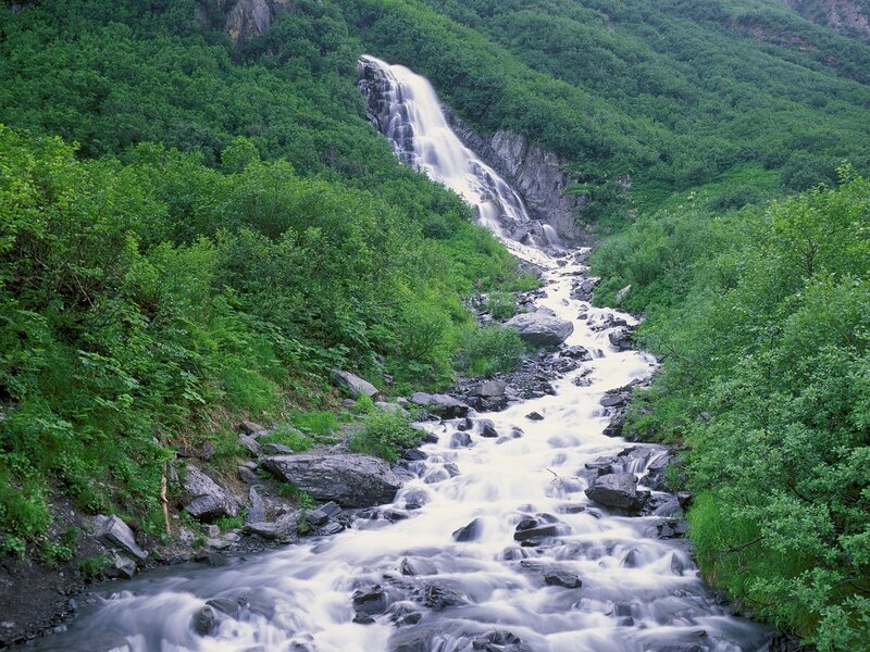 Waterfall in Forested Valley — Green, Serene, Afternoon, Photograph, River, Rocks