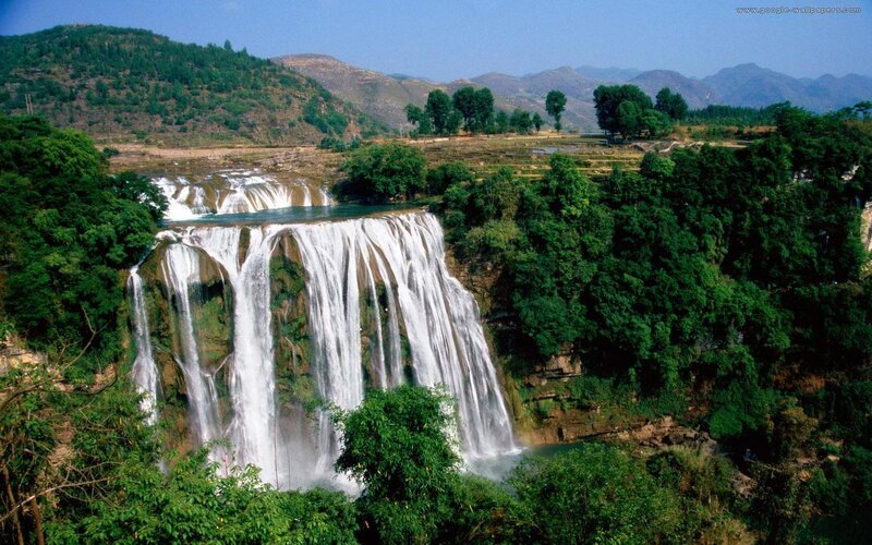Waterfall in Forested Valley — Green