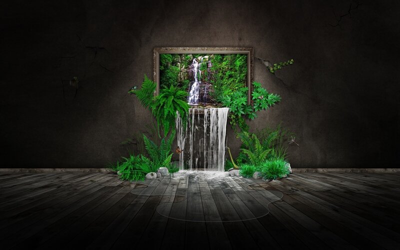 Waterfall in Framed Picture — Green, Dramatic, Digital Art, Plants