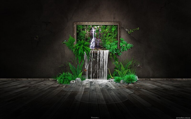 Waterfall in Framed Picture — Green, Dramatic, Digital Art, Plants, Wooden Floor