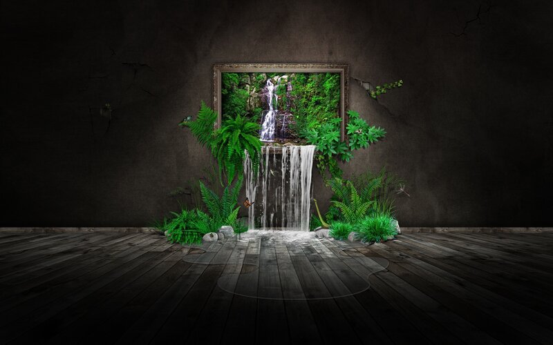 Waterfall in Framed Picture — Green, Dramatic, Digital Art, Plants, Wooden Floor, Wall