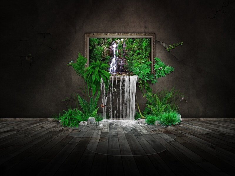 Waterfall in Framed Picture — Green, Dramatic, Digital Art