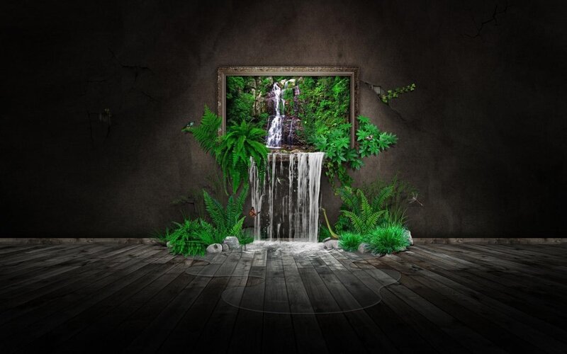 Waterfall in Framed Picture — Green, Dramatic